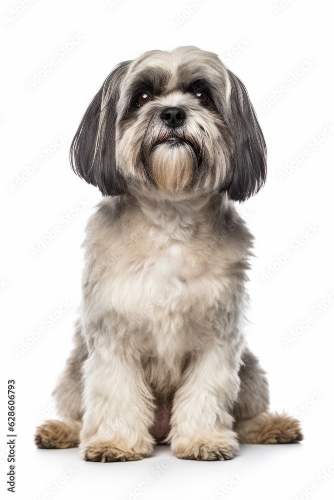 a shih tzu dog sitting in front of a white background