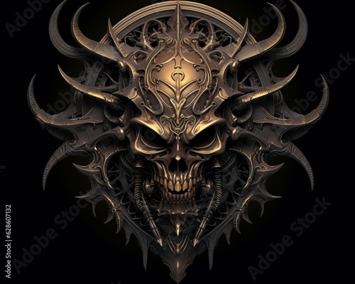 a skull with horns and horns on a black background