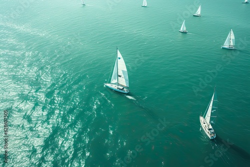 Aerial view of many sailboats sailing in the water