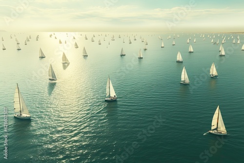 Foto Aerial view of many sailboats sailing in the water