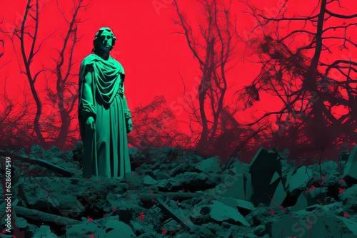 a statue in the middle of a forest with a red background