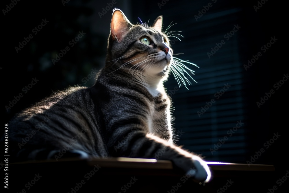 a striped cat sitting on a table in the dark