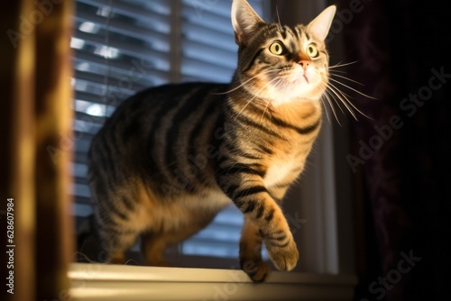a striped cat standing on the edge of a window sill