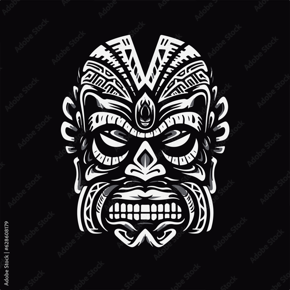 tiki face, stencil style, white color, black bacnground