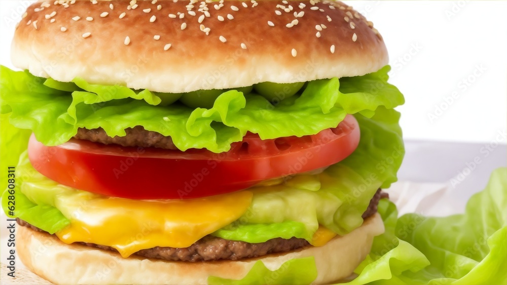 A hamburger with lettuce, tomato, onion, and pickles, on a sesame seed bun. A hamburger with lettuce, tomato, onion, and pickles, on a sesame seed bun.