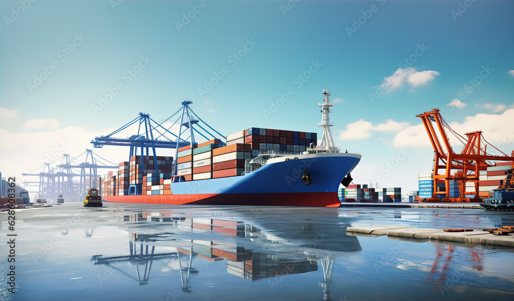 Container ship getting to port. Cargo, transportation, supply and  economy idea