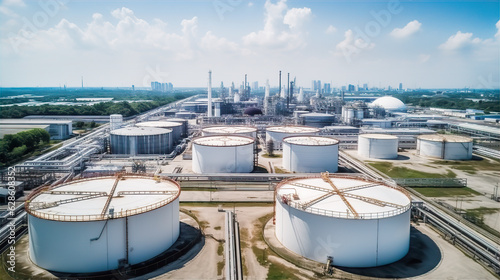 Oil and gas refinery plant industrial zone. Refinery factory oil storage tank. Industrial site and transportation concept. 