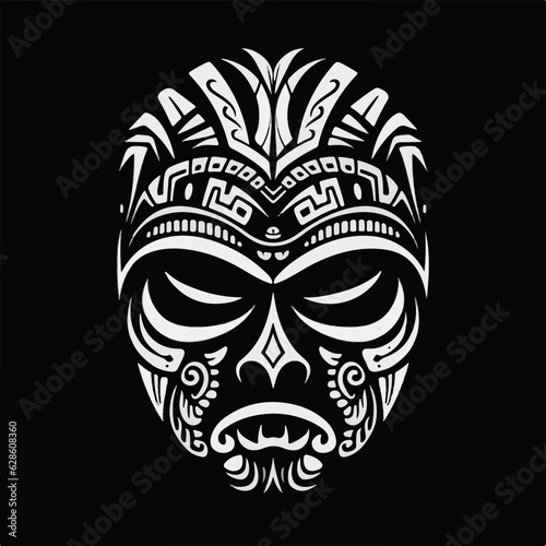 tiki face, stencil style, white color, black bacnground