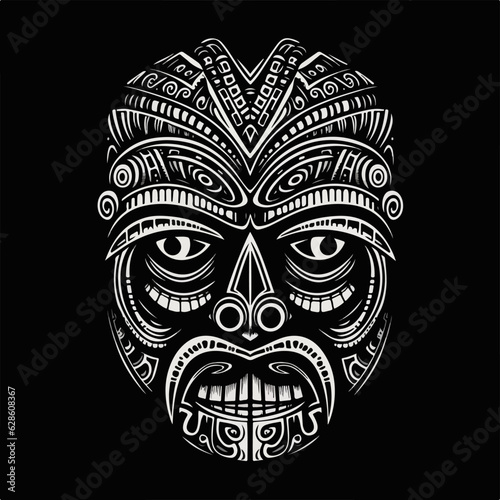 tiki face, stencil style, white color, black bacnground