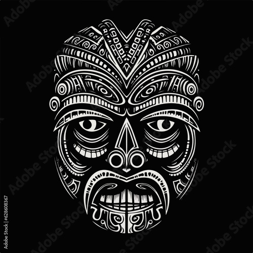 tiki face, stencil style, white color, black bacnground