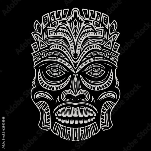 tiki face, stencil style, white color, black bacnground