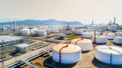 Oil and gas refinery plant industrial zone. Refinery factory oil storage tank. Industrial site and transportation concept. 