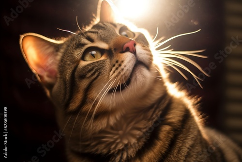 a tabby cat looking up at the sun