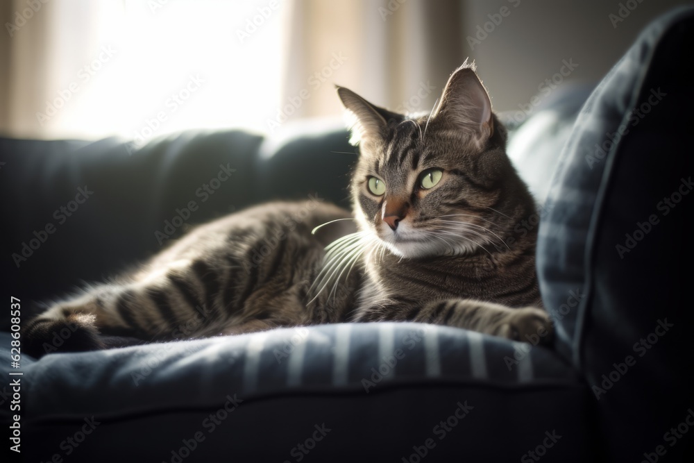 a tabby cat sitting on a couch in front of a window a tabby cat sitting on a couch in front of a window