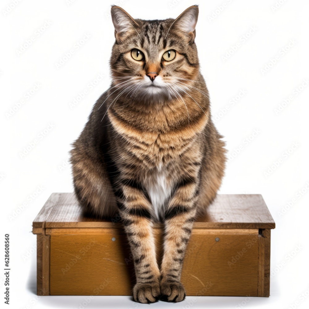 a tabby cat sitting on top of a wooden box a tabby cat sitting on top of a wooden box
