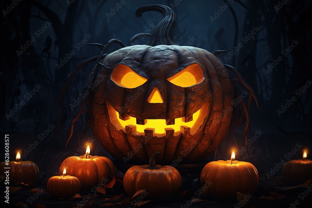 Halloween pumpkin head jack lantern with candles on dark background. Halloween concept.Generative Ai Halloween pumpkin head jack lantern with candles on dark background. Halloween concept.Generative Ai