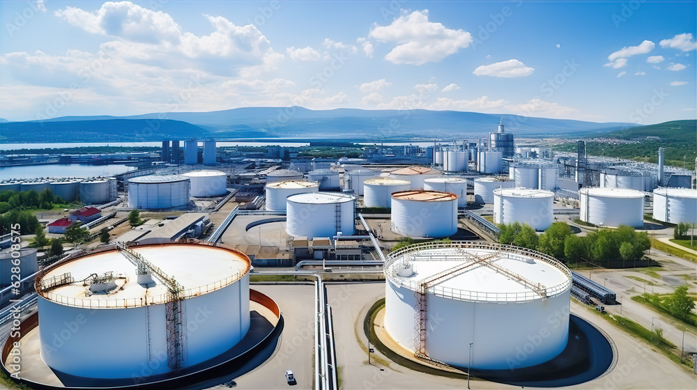 Oil and gas refinery plant industrial zone. Refinery factory oil storage tank. Industrial site and transportation concept. Oil and gas refinery plant industrial zone. Refinery factory oil storage tank. Industrial site and transportation concept.