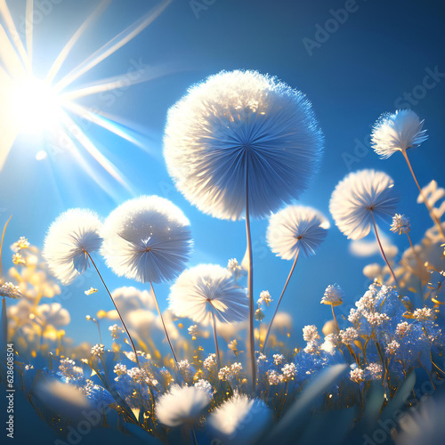 Dandelions in the morning sun on a blue background.