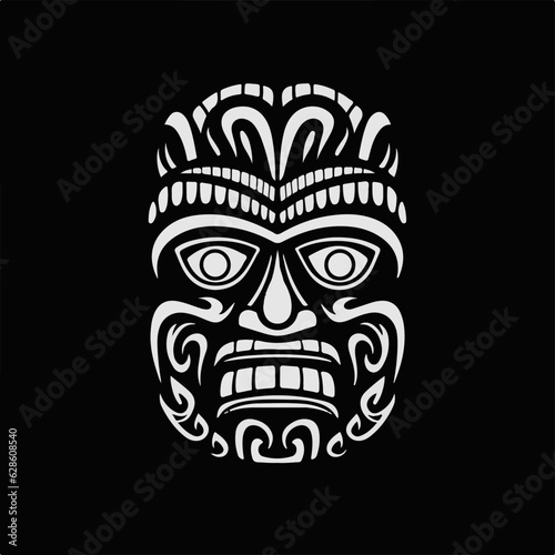 tiki face, stencil style, white color, black bacnground
