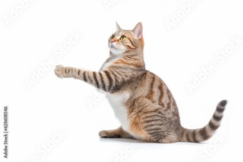 a tabby cat sitting on its hind legs and reaching for something