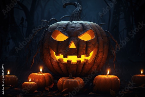 Halloween pumpkin head jack lantern with candles on dark background. Halloween concept.Generative Ai