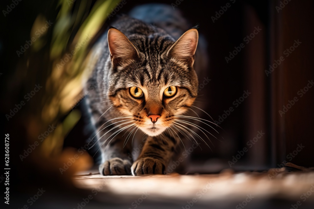 a tabby cat walking through a dark room a tabby cat walking through a dark room