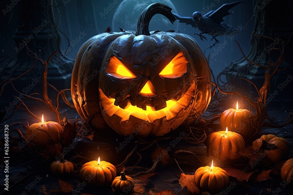 Halloween pumpkin head jack lantern with candles on dark background. Halloween concept.Generative Ai Halloween pumpkin head jack lantern with candles on dark background. Halloween concept.Generative Ai