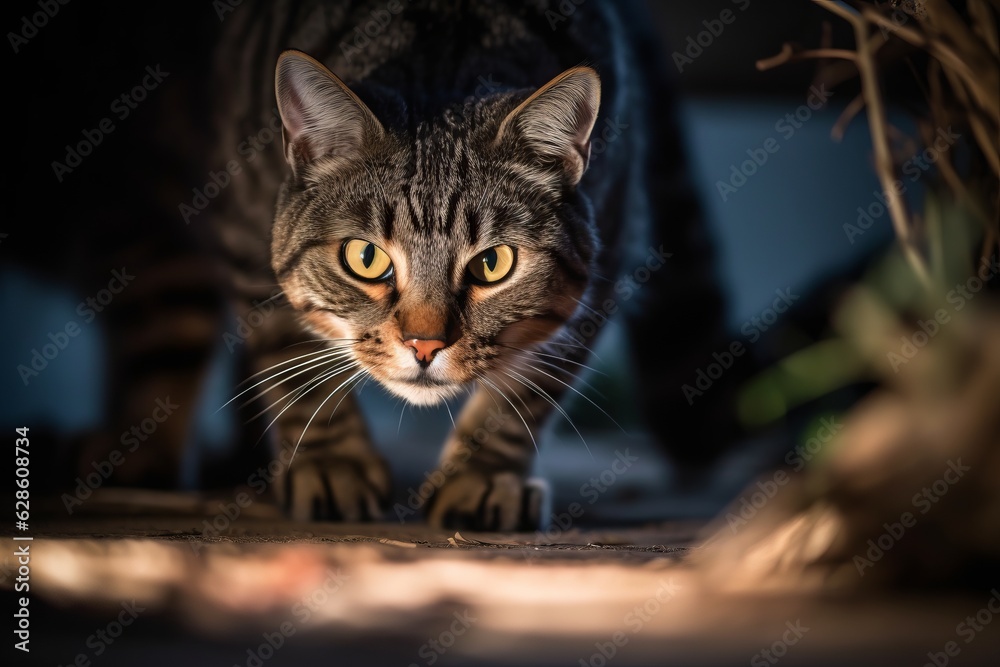 a tabby cat walking on the ground in the dark a tabby cat walking on the ground in the dark