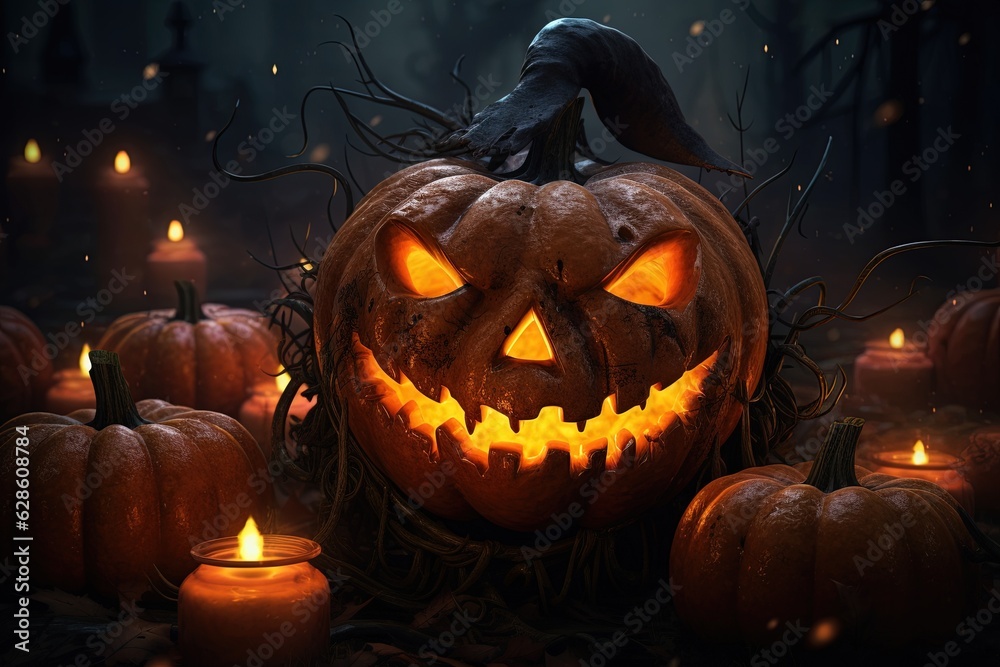 Halloween pumpkin head jack lantern with candles on dark background. Halloween concept.Generative Ai Halloween pumpkin head jack lantern with candles on dark background. Halloween concept.Generative Ai