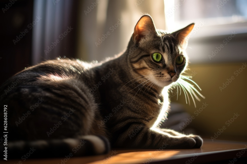 a tabby cat with green eyes sitting on a table
