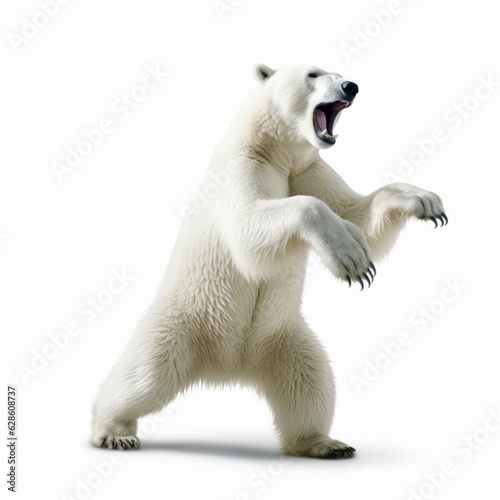 Polar bear dancing happily. White furry bear standing on hind legs. Playful arctic animal having fun, isolated on a white background