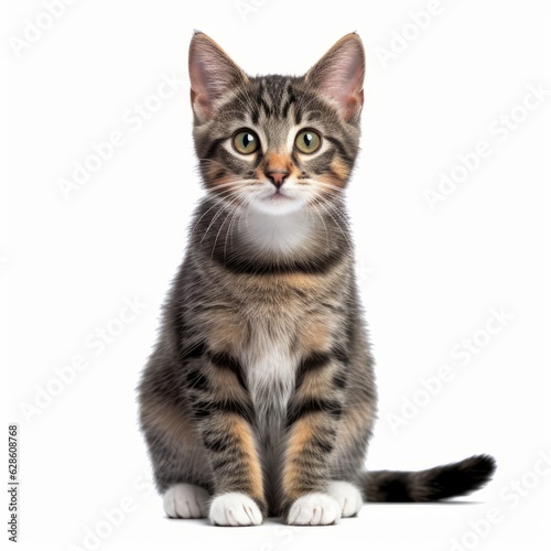 a tabby kitten sitting in front of a white background