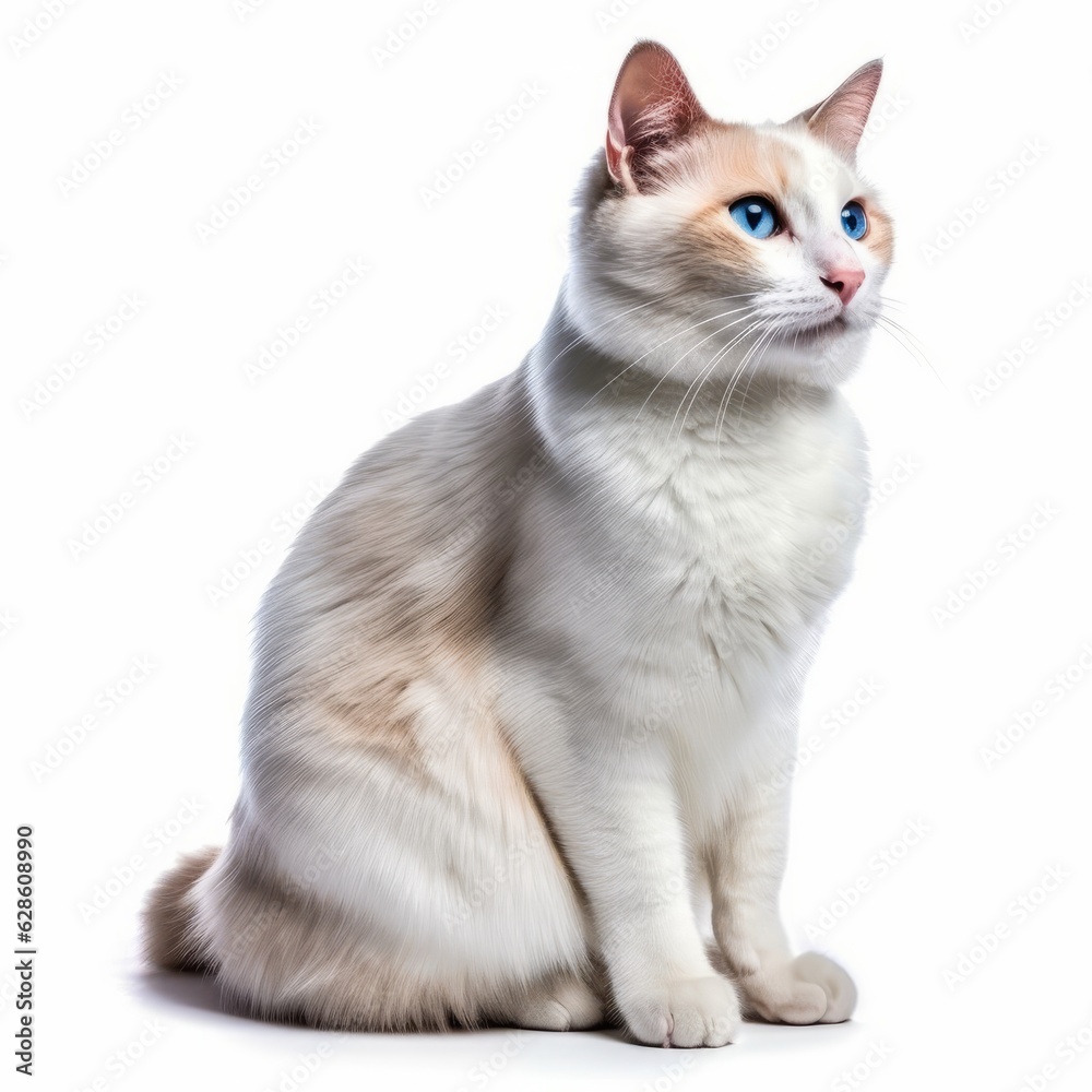 a white cat with blue eyes sitting on a white background
