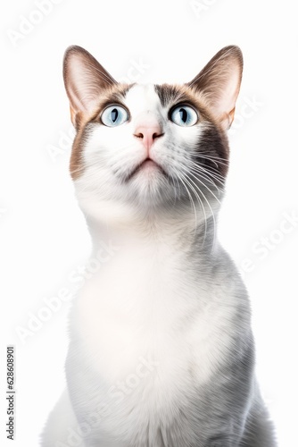 a white and brown cat with blue eyes looking up