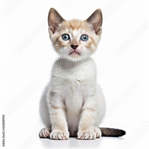 a white and brown kitten sitting on a white background
