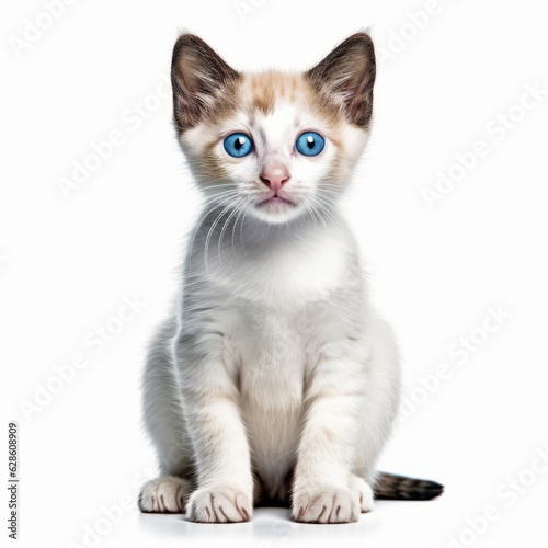 a white and brown kitten with blue eyes sitting down