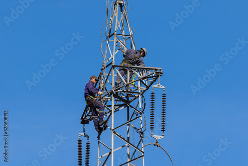 Workers in the electricity sector dismantling a high voltage tower