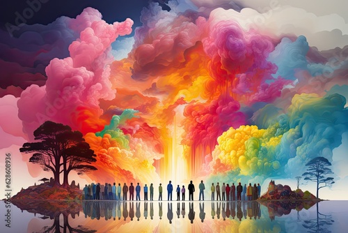 colorful group of people by giant brain and colorful clouds 