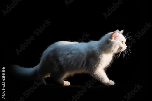 a white cat walking in the dark on a black background