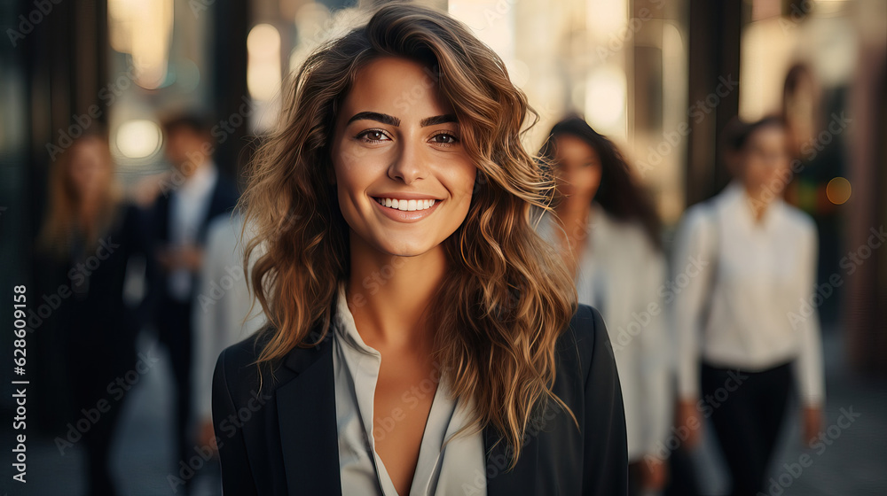 Obraz premium smiling of Latin business woman and team, group of middle age people in the city. office, tower view background.