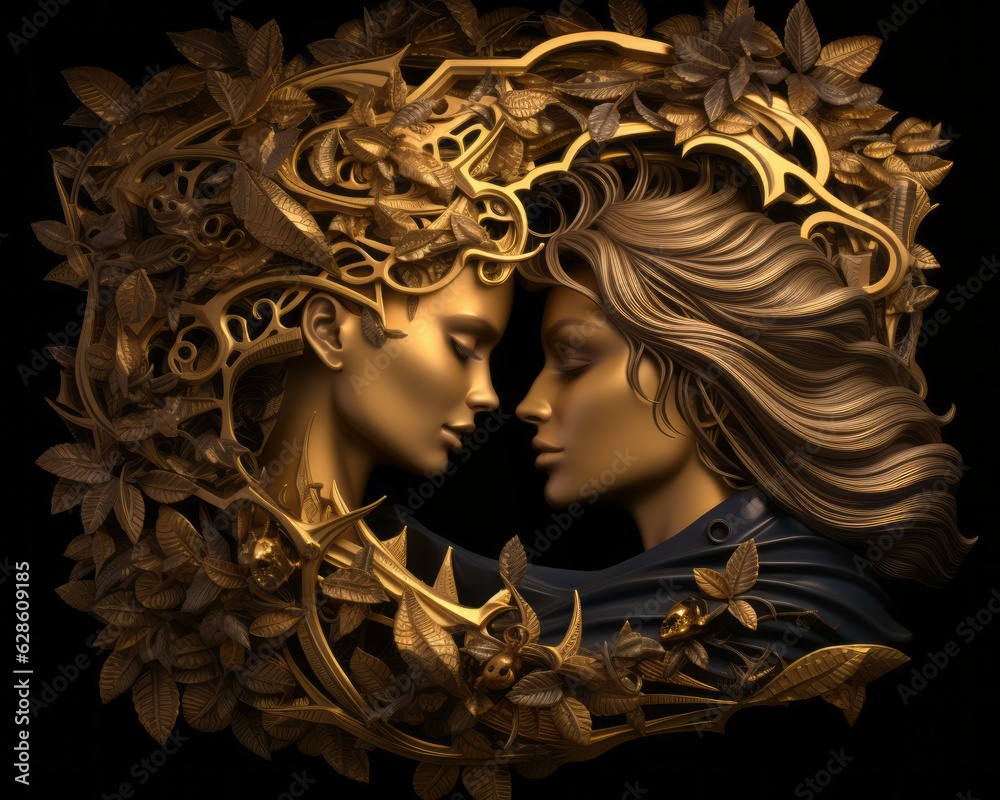 a woman and a man are surrounded by gold leaves a woman and a man are surrounded by gold leaves