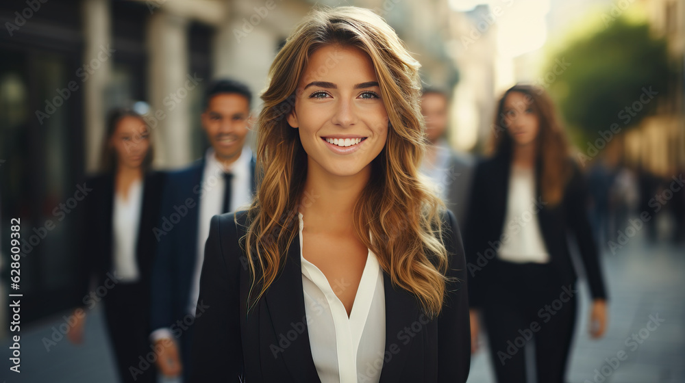 smiling of Latin business woman and team, group of middle age people in the city. office, tower view background. smiling of Latin business woman and team, group of middle age people in the city. office, tower view background.
