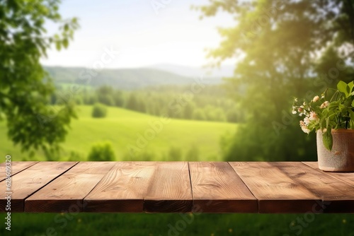 Empty rustic table in front of countryside background. product display and picnic concept, Generative AI © Just Bella