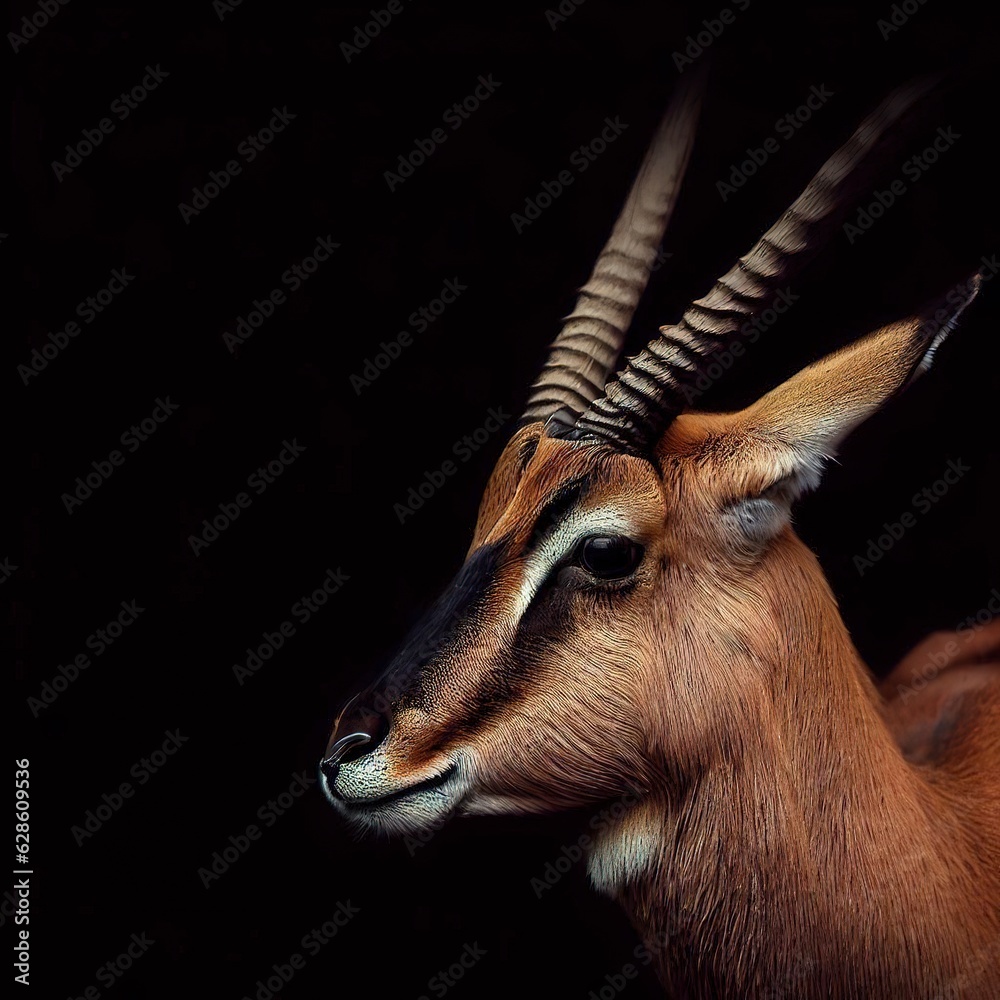 Fototapeta premium Portrait of an antelope on a black background with space for text. Wild artiodactyl animal