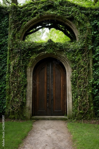 3d rendering of a fantasy doorway portal framed by green vines leading into a idyllic garden. Generative AI