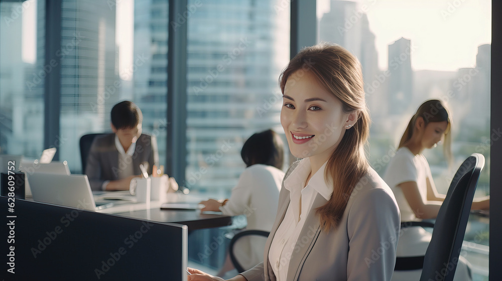 middle age of working woman and team , smiling mood, modern office tower view. middle age of working woman and team , smiling mood, modern office tower view.