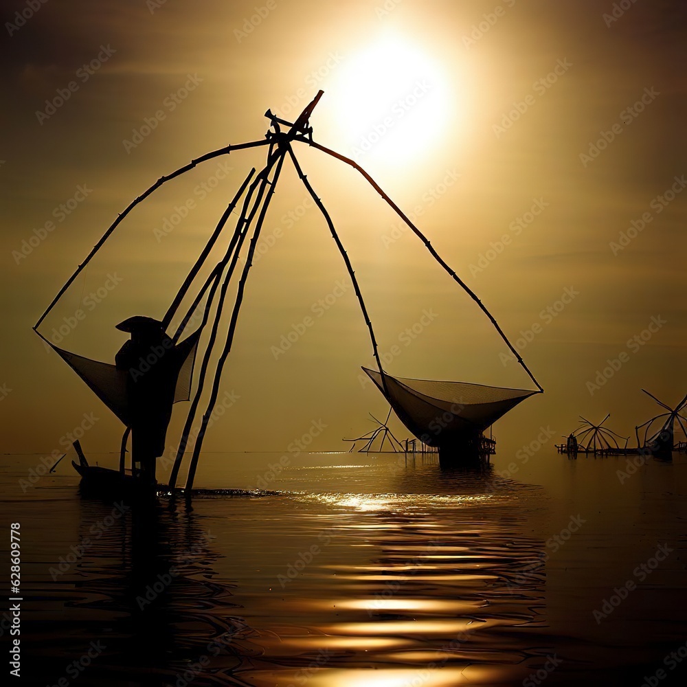 Silhouette of traditional fishing method using a bamboo square dip net in Patthalung, South of Thailand. taken in the morning
