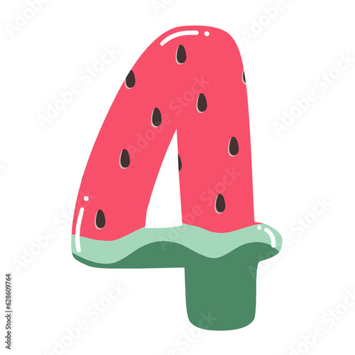 Watermelon summer bright font. Cartoon 3D decorative alphabet. Glossy letters and numbers isolated on white. For package, poster, banner, T-shirt, brochure design. Vector illustration