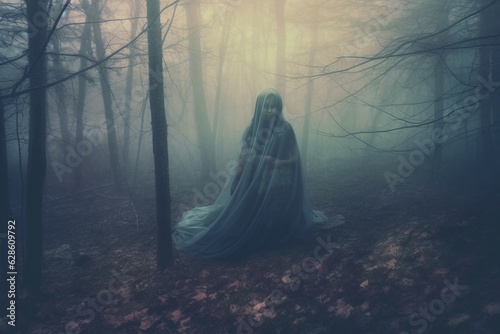 a woman in a blue dress standing in the middle of a foggy forest