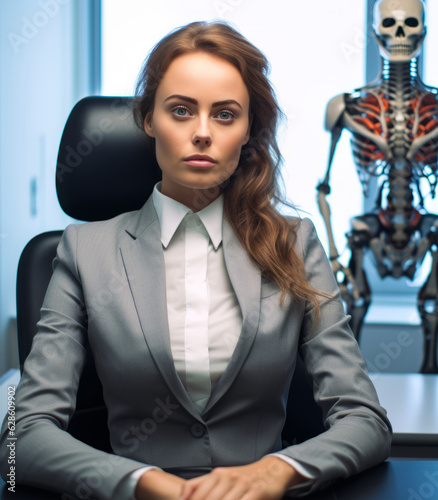 a woman in a business suit sitting at a desk with a skeleton behind her © AberrantRealities